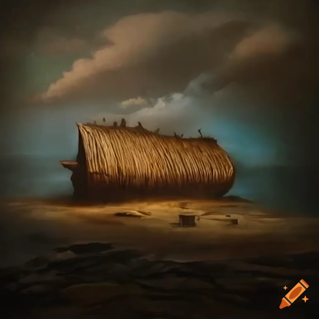 Primitive ark weathering a storm in misty ocean