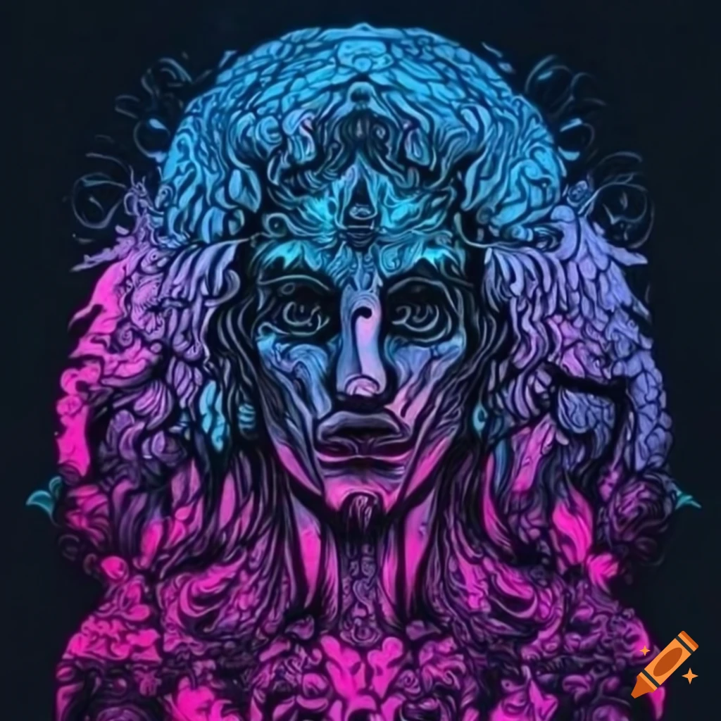 Close-up of intricate mystical artwork featuring a dark god figure