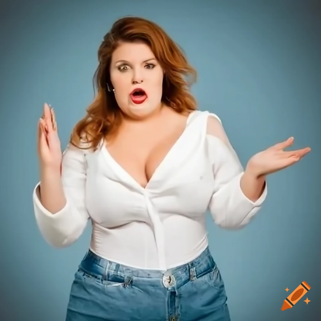Elegant woman giving a passionate speech in jeans and a white blouse