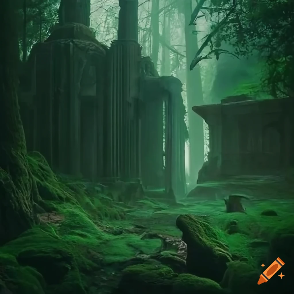 Dense forest with ancient ruins peeking through the foliage at sunset ...