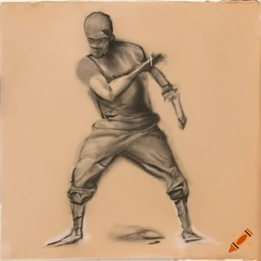 Ninja performing fighting technique in charcoal on tan paper