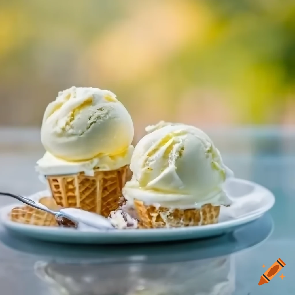 Plate of vanilla ice cream with three scoops on a glass table under soft sunrise lighting