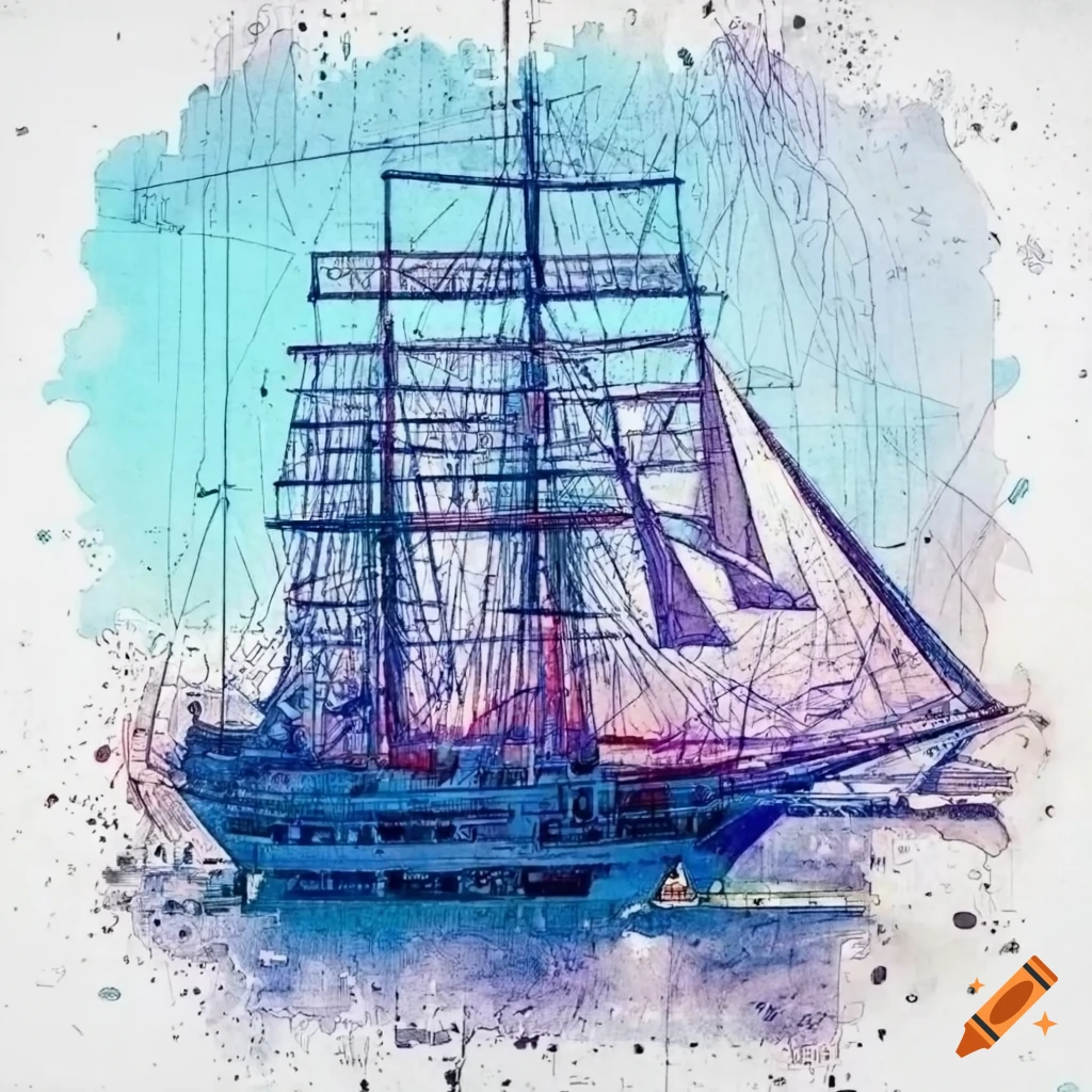 Detailed engineering blueprint of a sci-fi sailboat with complex construction
