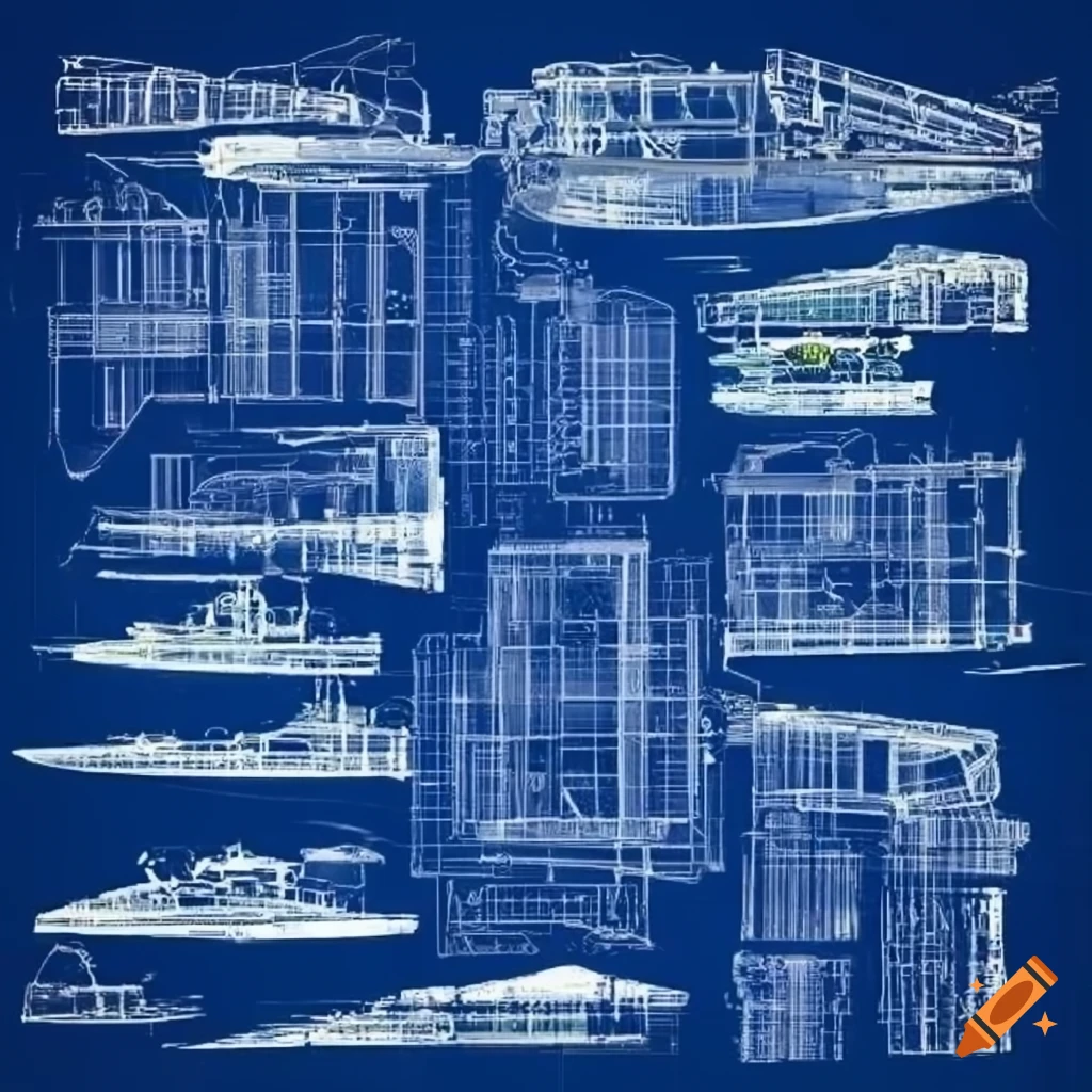 Detailed engineering blueprint of a sci-fi sailboat with complex construction