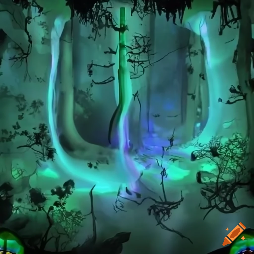 Biopunk paradise with glowing bioluminescent trees in a surreal forest
