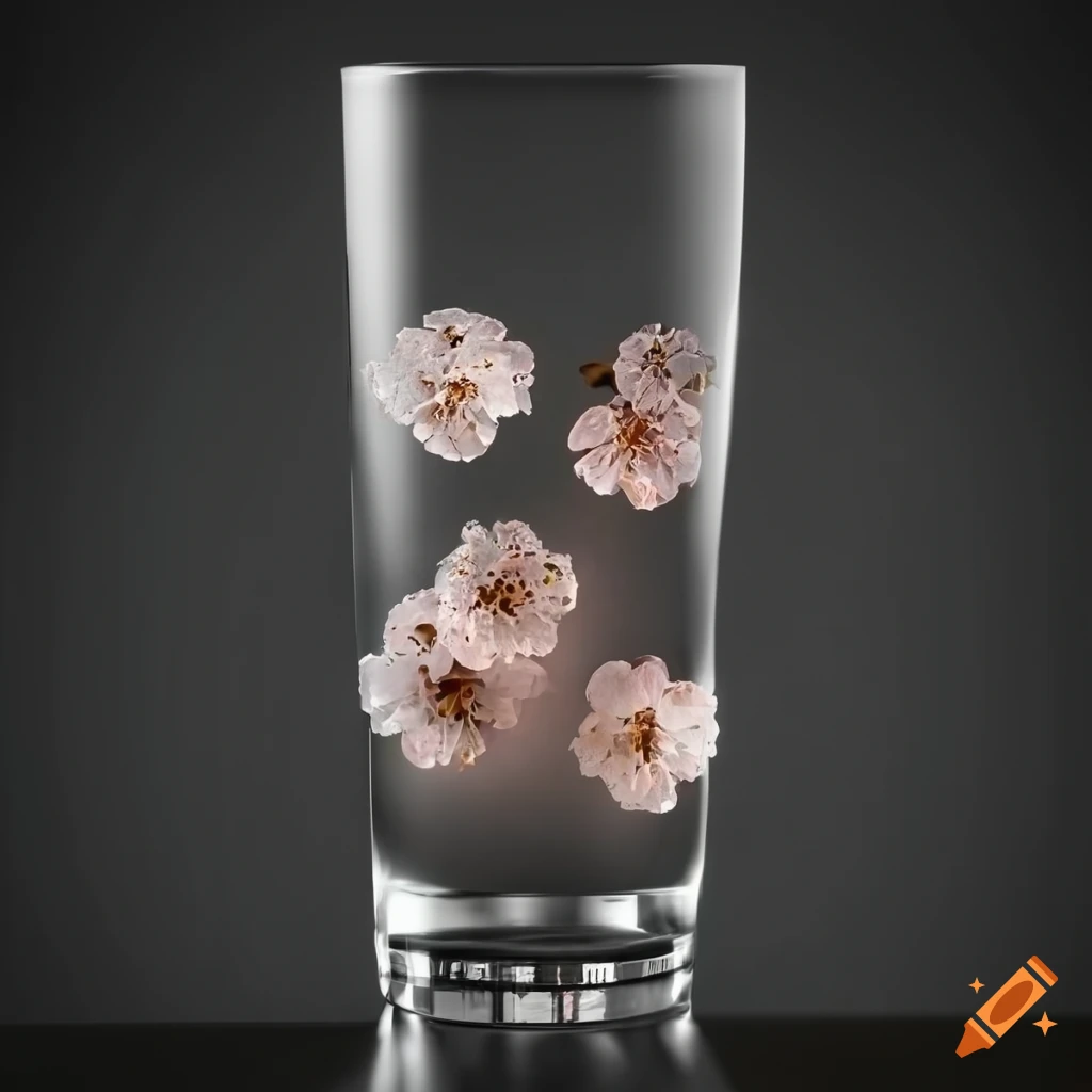 Apricot blossom and glistening glass on black background with woodblock sculpture fusion