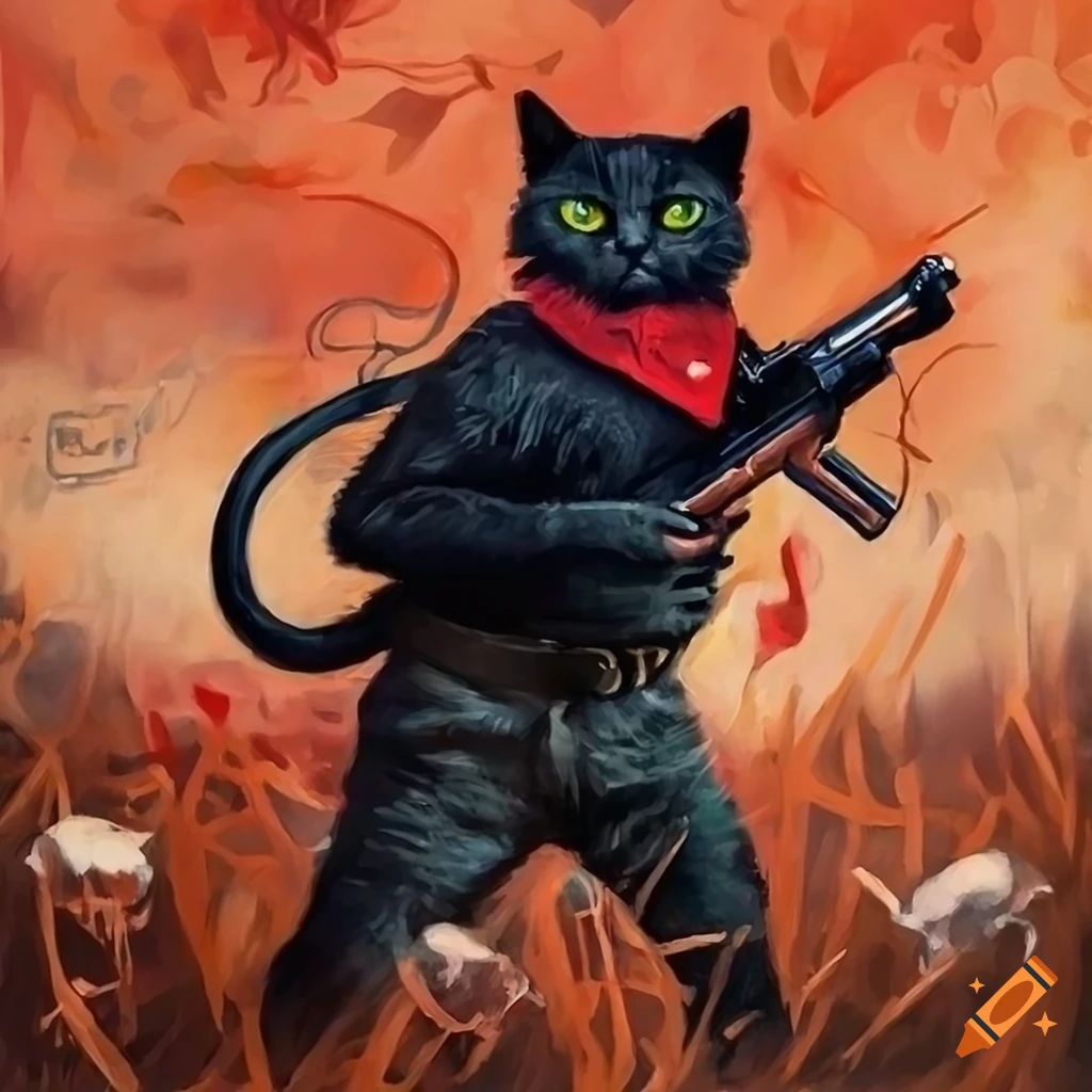 Black cat with a gun and red bandana fighting mice on a battlefield