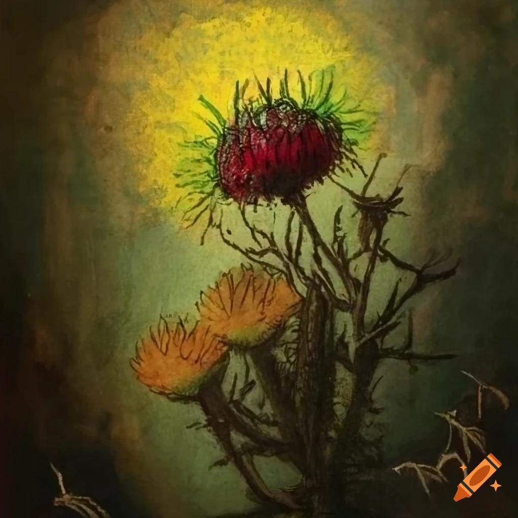 Green and yellow Centaurea benedicta with wide leaves in Theodor Kittelsen and Odilon Redon style