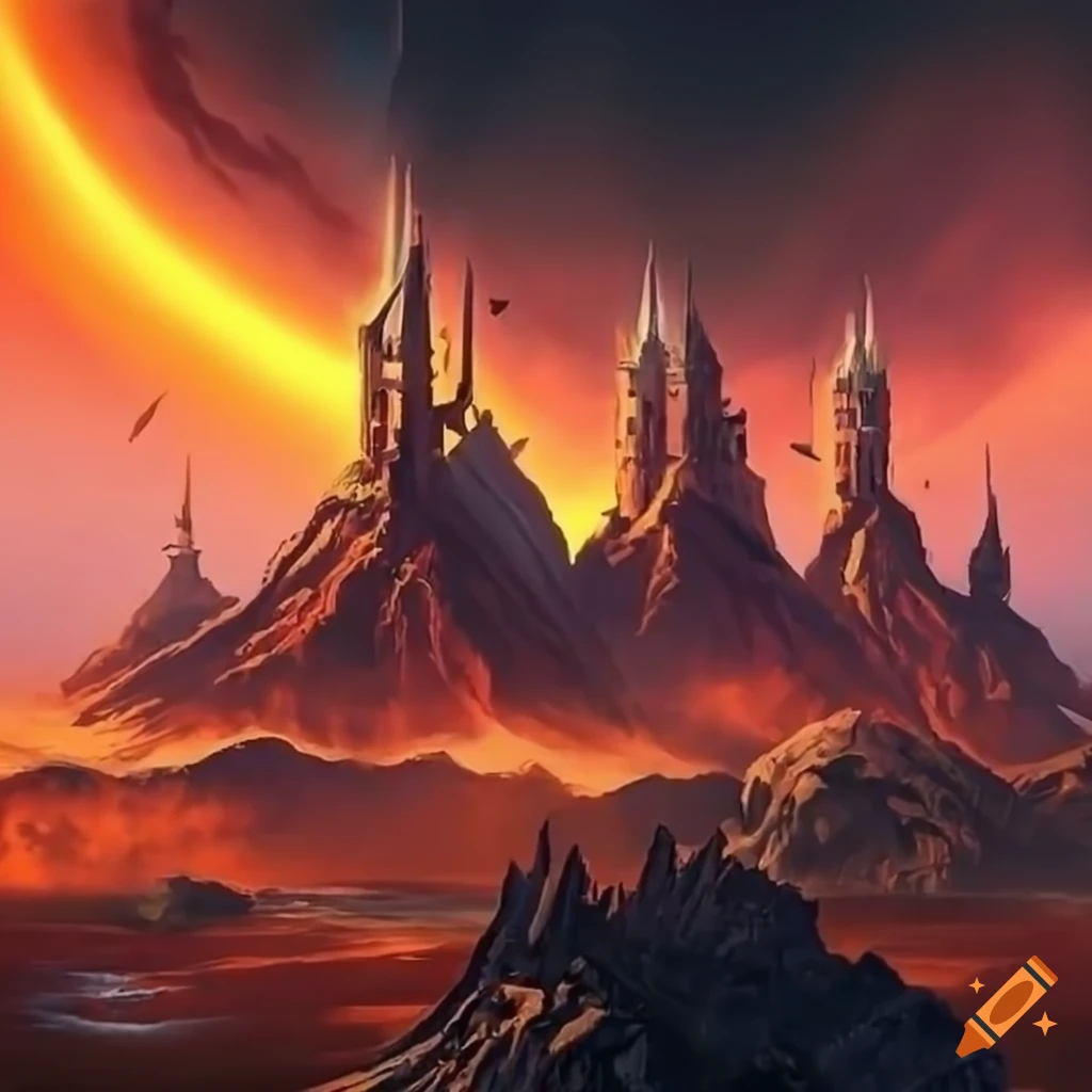 Grimdark fantasy landscape with Blackclaw mountains, fire geysers, acid lakes, and multiple castles from a birds-eye view