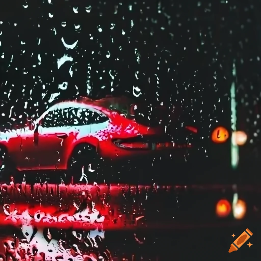 Porsche 911 silhouette reflected in rain-covered window at night