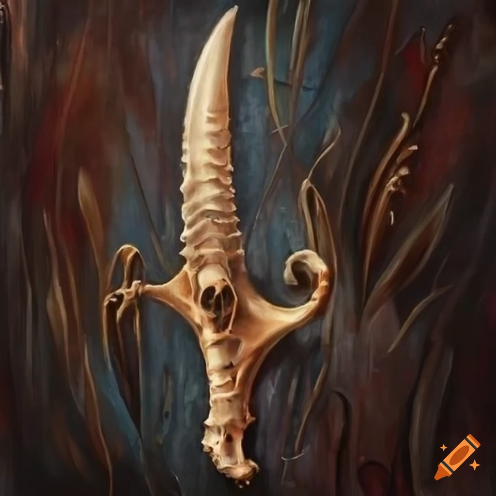 Intricately detailed oil painting of a dagger made of animal bones