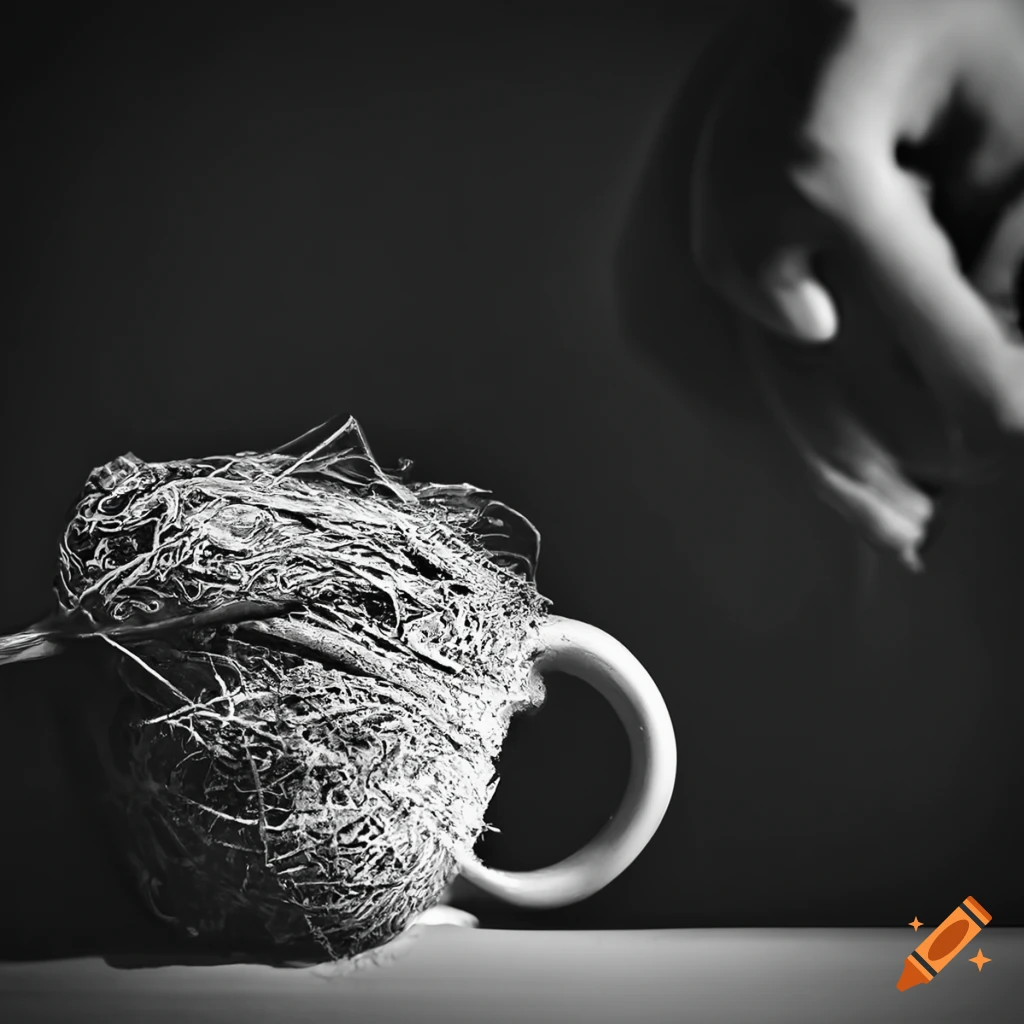 Bird nesting in a mug with a surreal drinking person