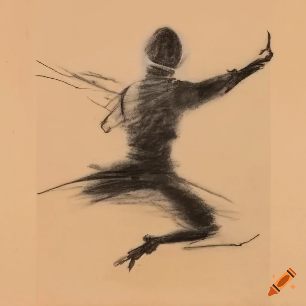 Ninja jumping in traditional Japanese art style on tan paper