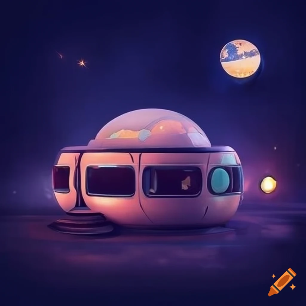 Retro-futuristic space colony pod general store with Japanese-style design