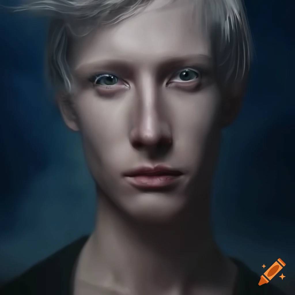 Hyperrealistic portrayal of the god of air winds and storms with blue and dusty colors