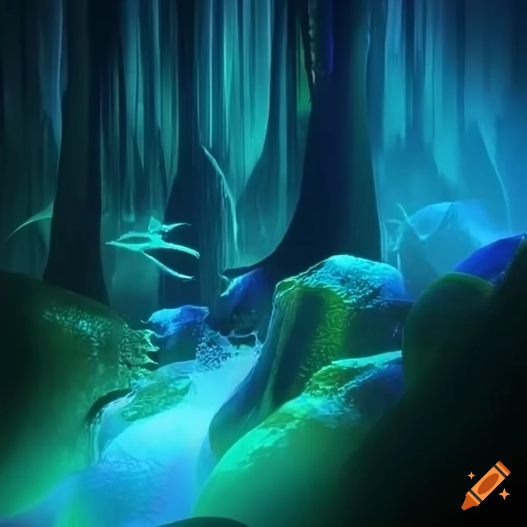 Biopunk paradise with merging nature and technology in a surreal forest
