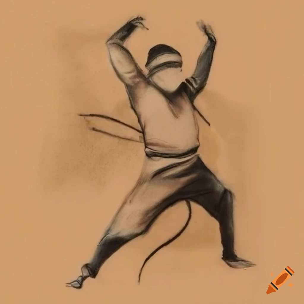 Ninja jumping in traditional Japanese art style on tan paper