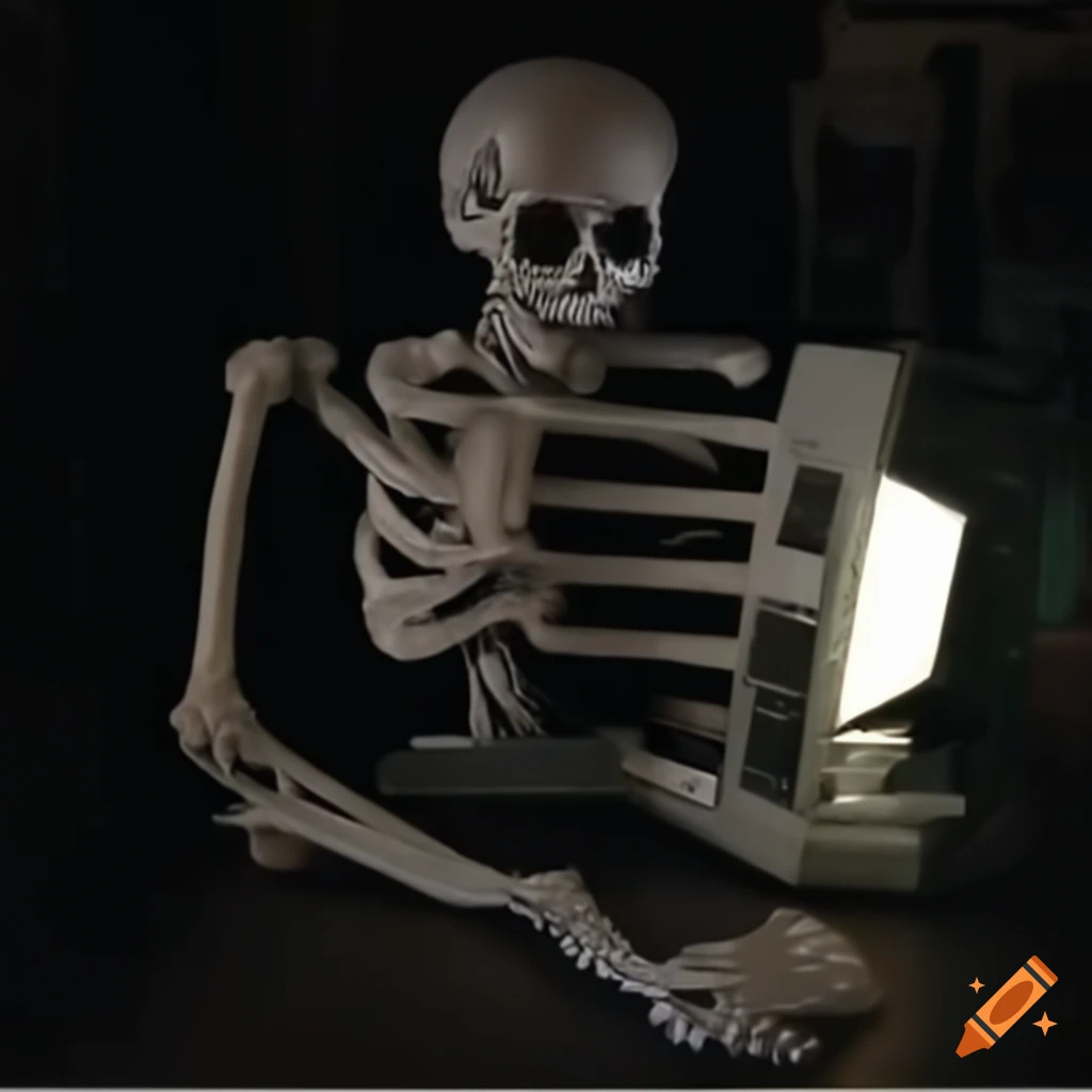 Skeleton in a Mexican TV series with CRT/VCR aesthetic