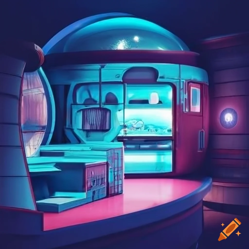 Retro-futuristic space colony pod general store with Japanese-style design
