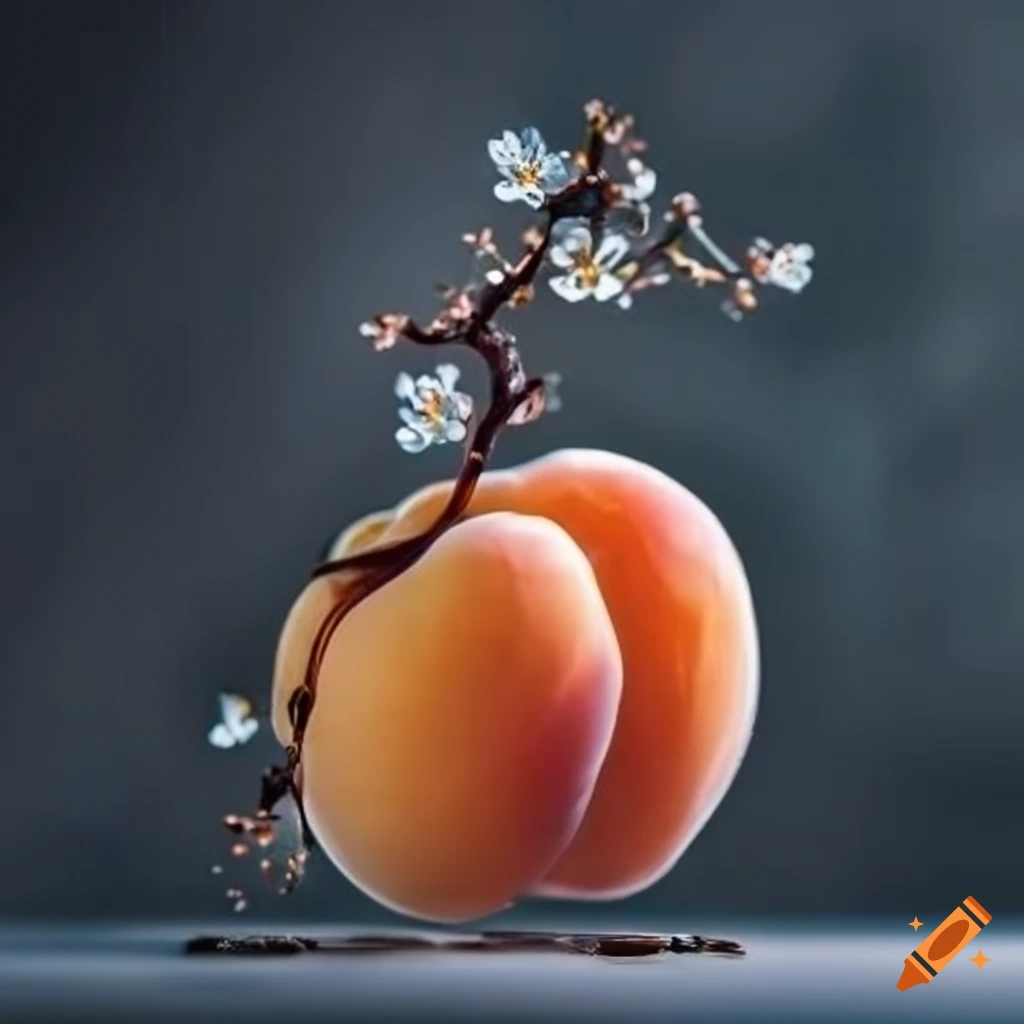 Apricot with blossoms on a glistening glass stave carving against storm light