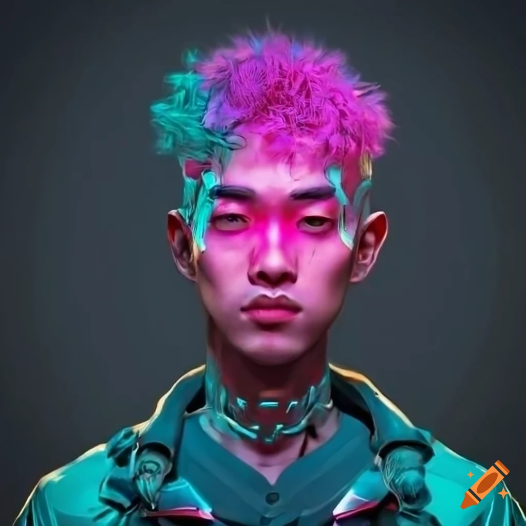 Cyberpunk Taiwanese man with unique pink skin and perm hairstyle