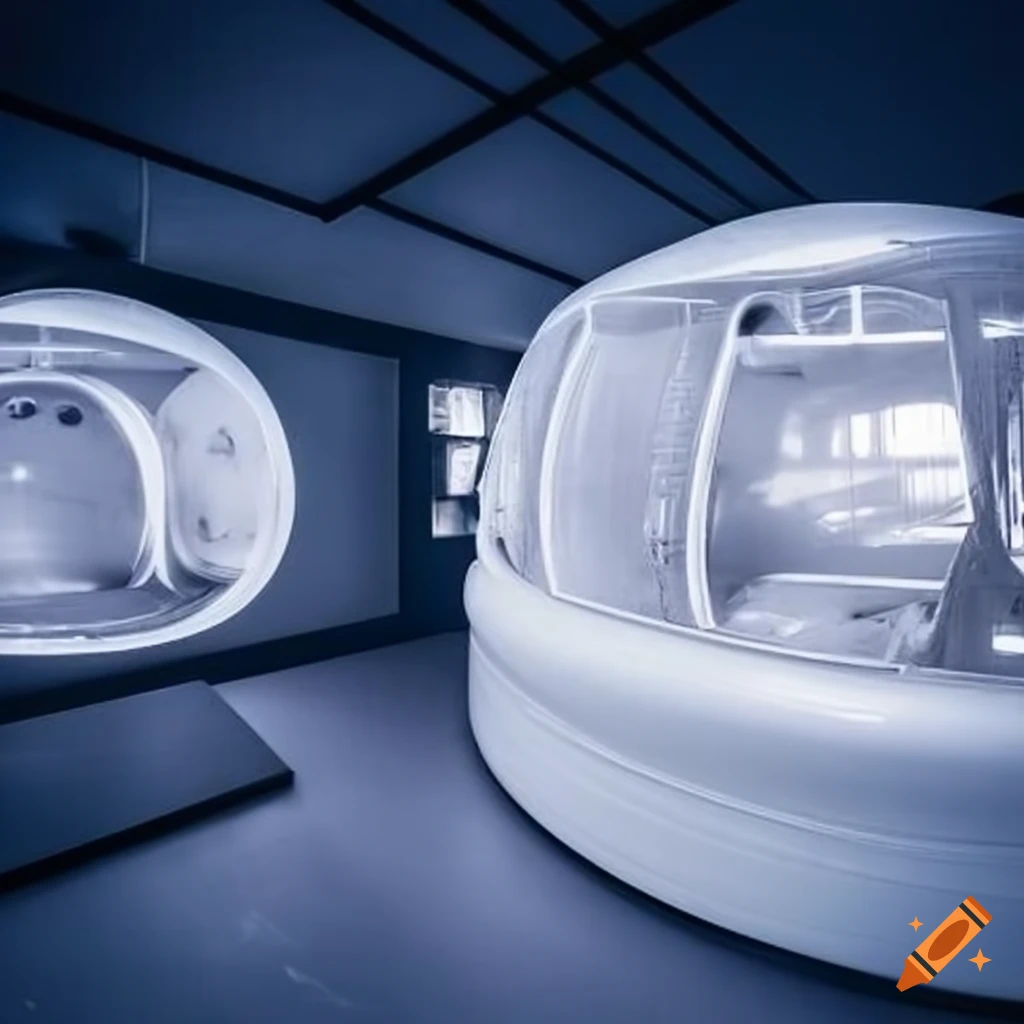 Retro-futuristic space colony pod interior with a Japanese style