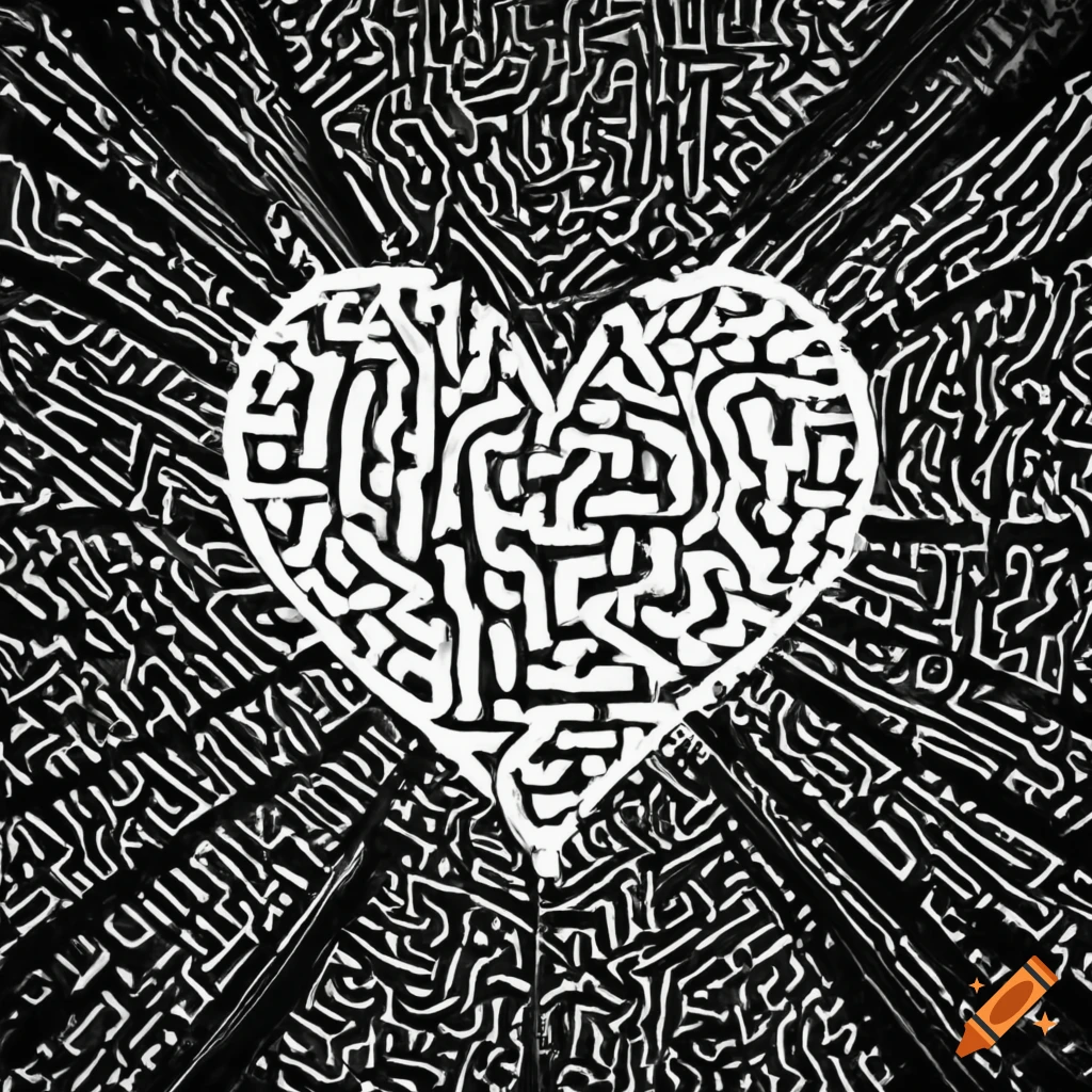 Heart shaped maze in black and white on craiyon