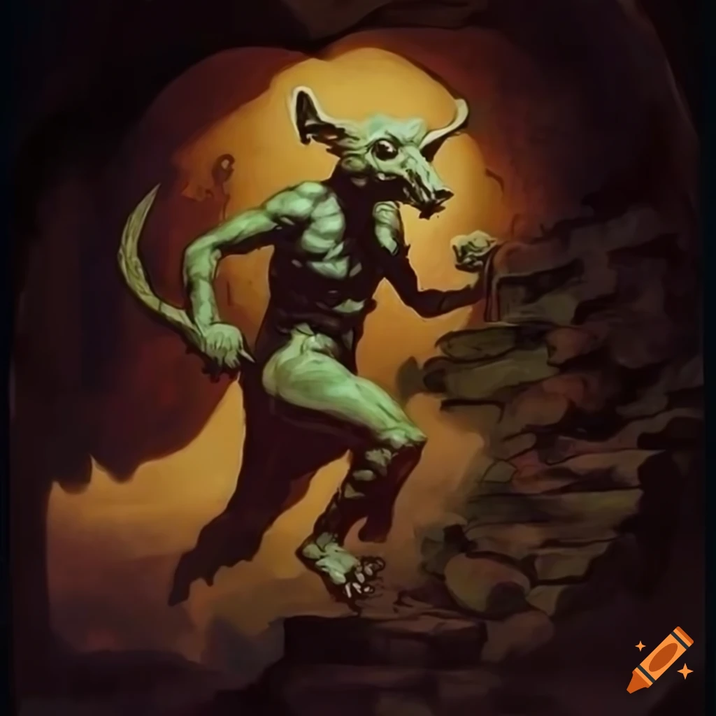 Druid as rat fleeing from goblins in an 80's 90's fantasy castle staircase