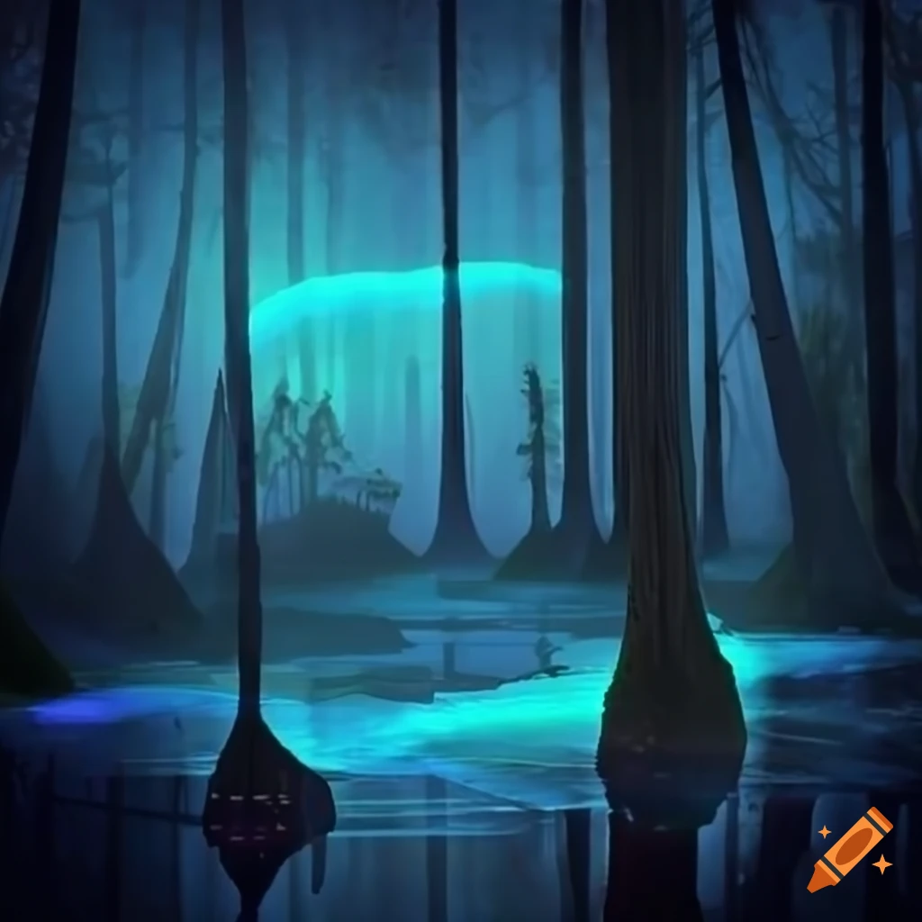 Biopunk forest with towering bioluminescent trees merging nature and technology