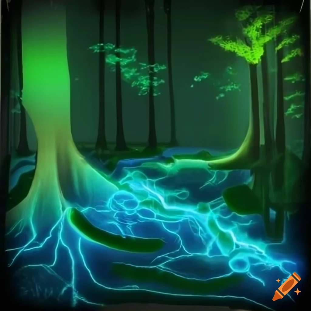 Biopunk paradise with glowing bioluminescent trees in a surreal forest