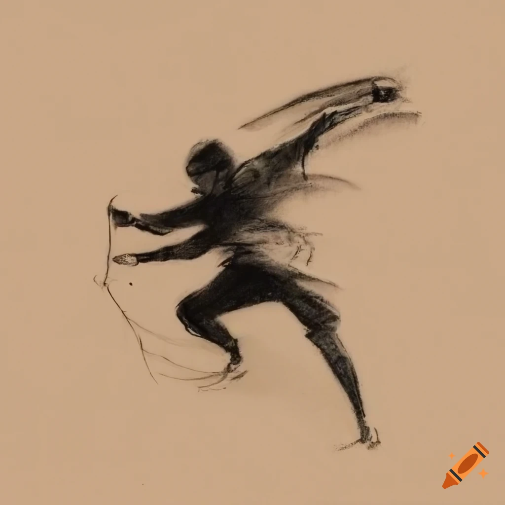 Ninja jumping in traditional Japanese art style on tan paper