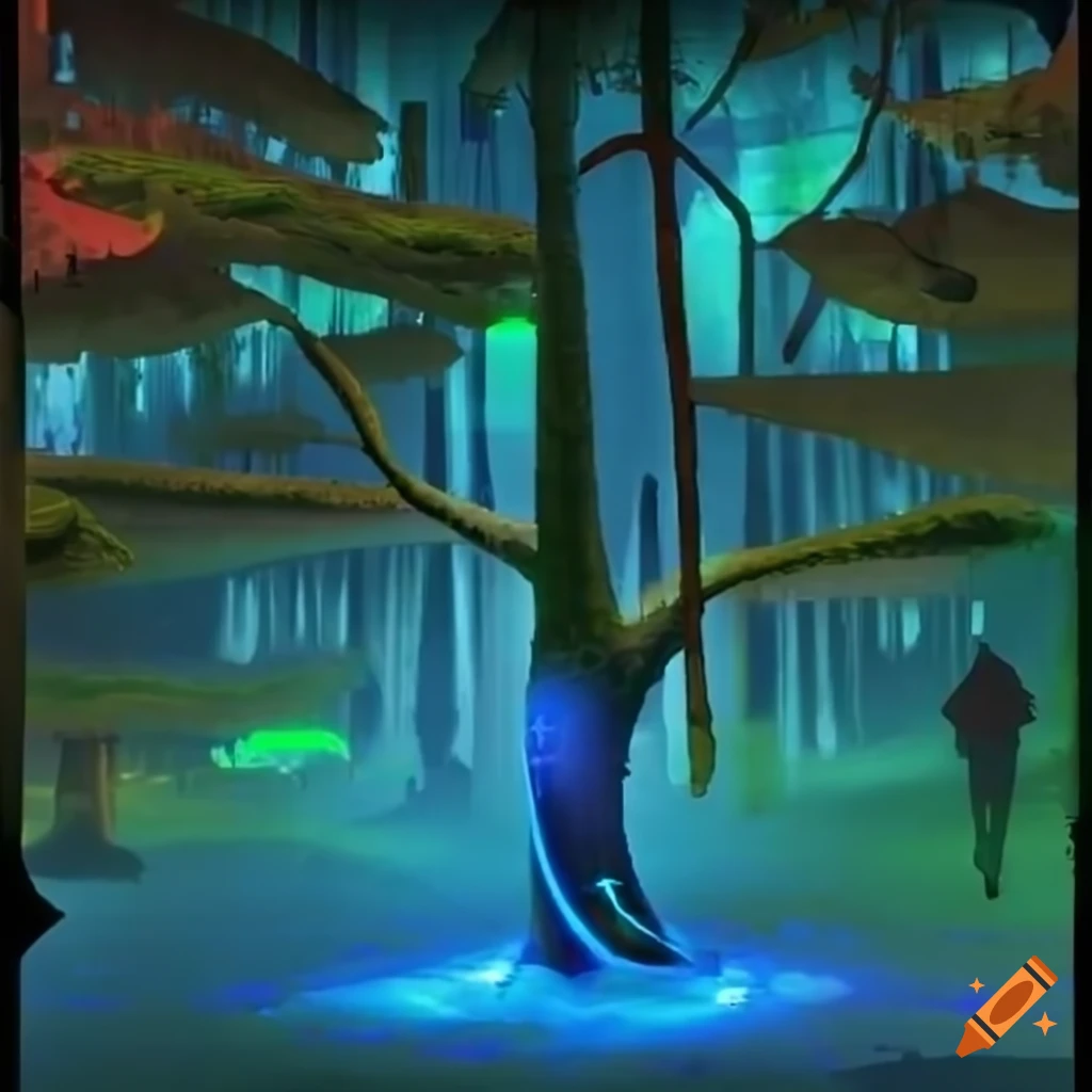 Biopunk paradise with glowing bioluminescent trees in a surreal forest