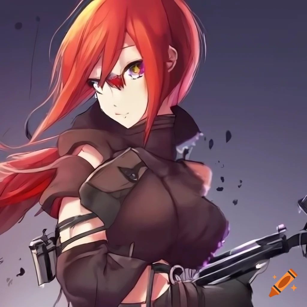 Anime rogue girl with red hair and amber eyes