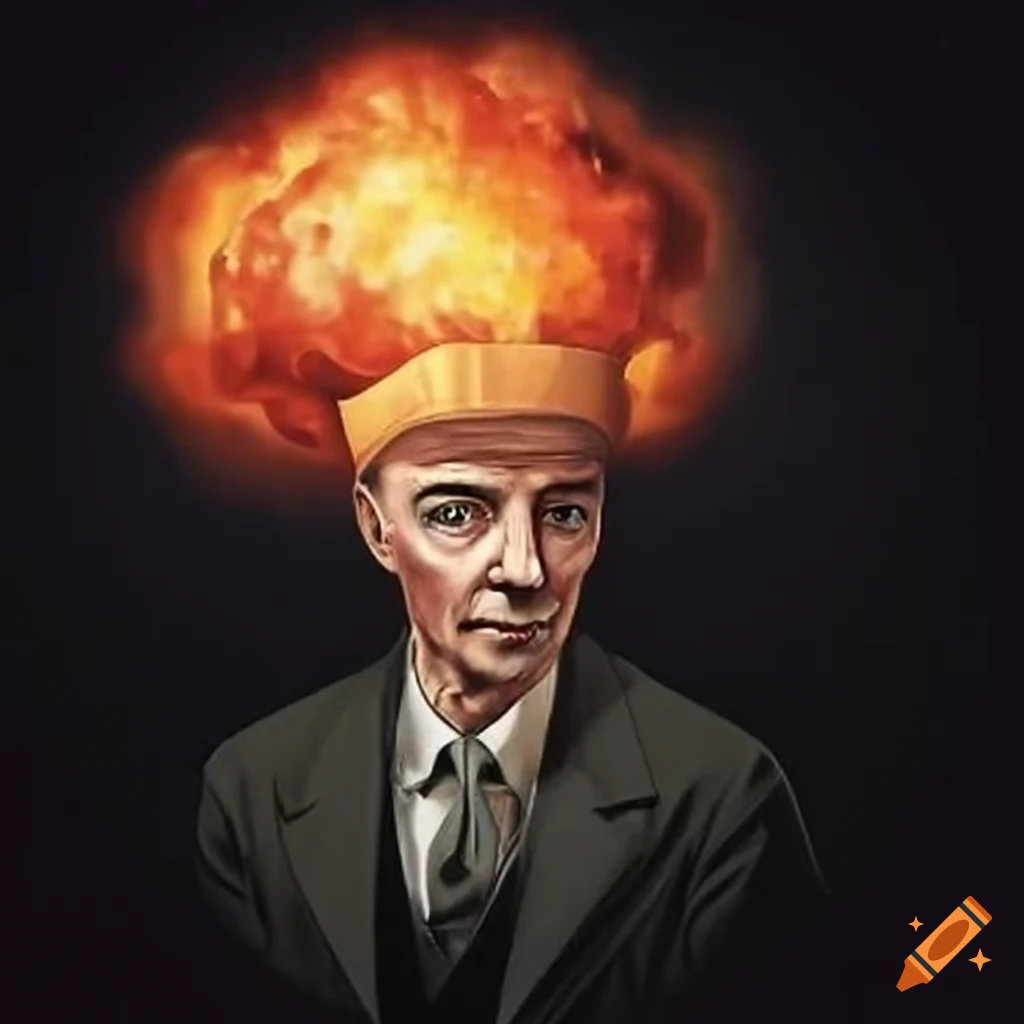Satirical image of a pale mormon oppenheimer with chef hat and explosion in background
