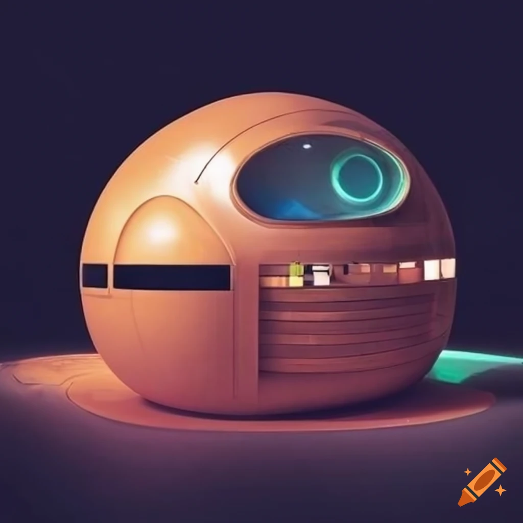 Retro-futuristic space colony pod general store in Japanese-style design