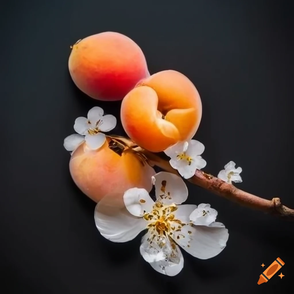 Apricot tree blossoms with sparkling glass stave carving on black background