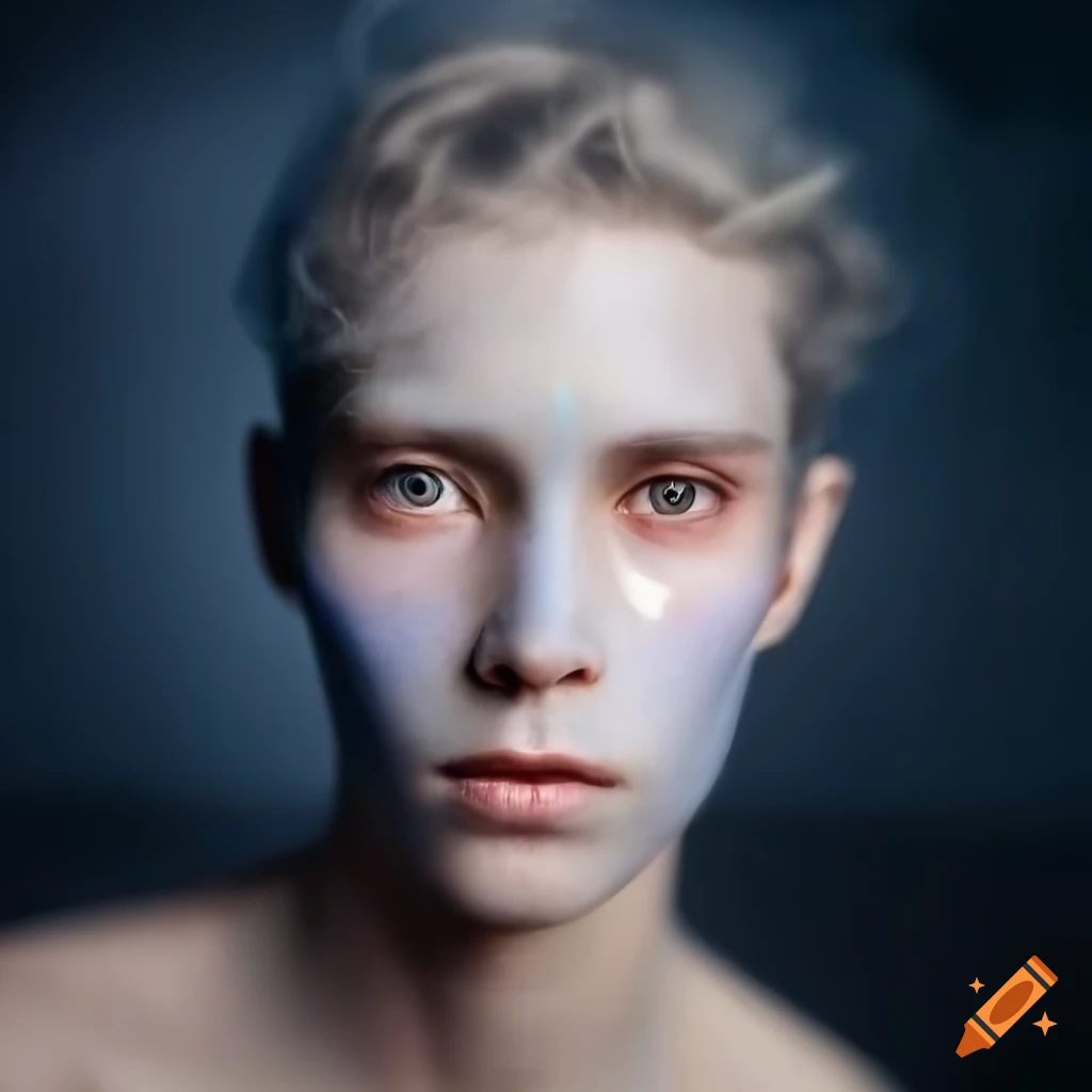 Hyperrealistic depiction of the god of air, winds, and storms with a masculine face in blue hues