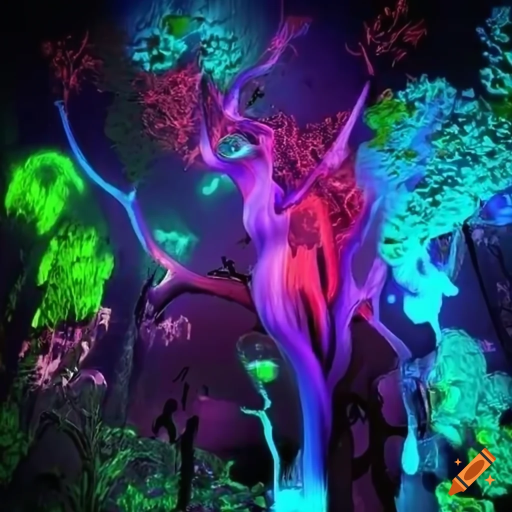 Biopunk paradise with merging nature and technology in a surreal forest