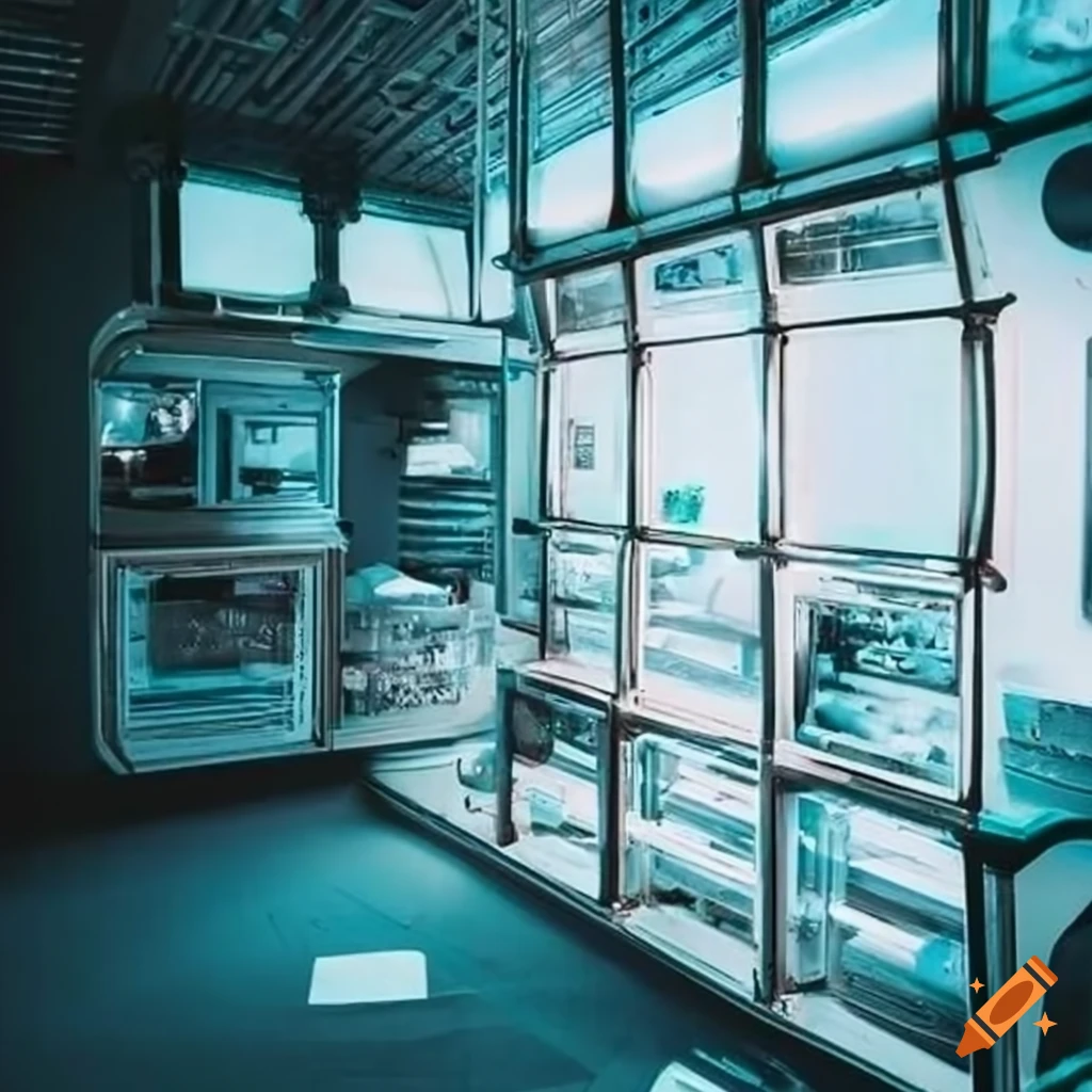 Retro-futuristic space colony pod interior with a Japanese style