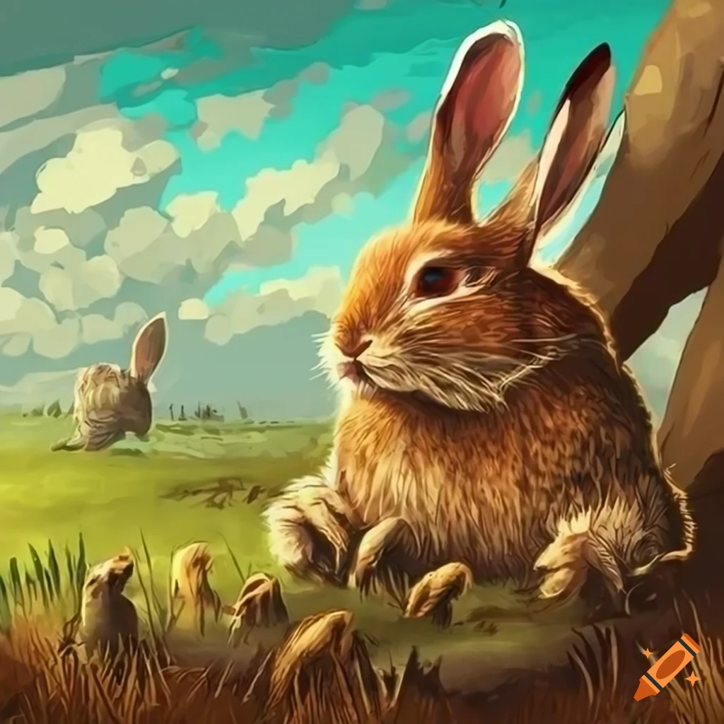 Hundreds of rabbits running out of burrow into field in fantasy art ...