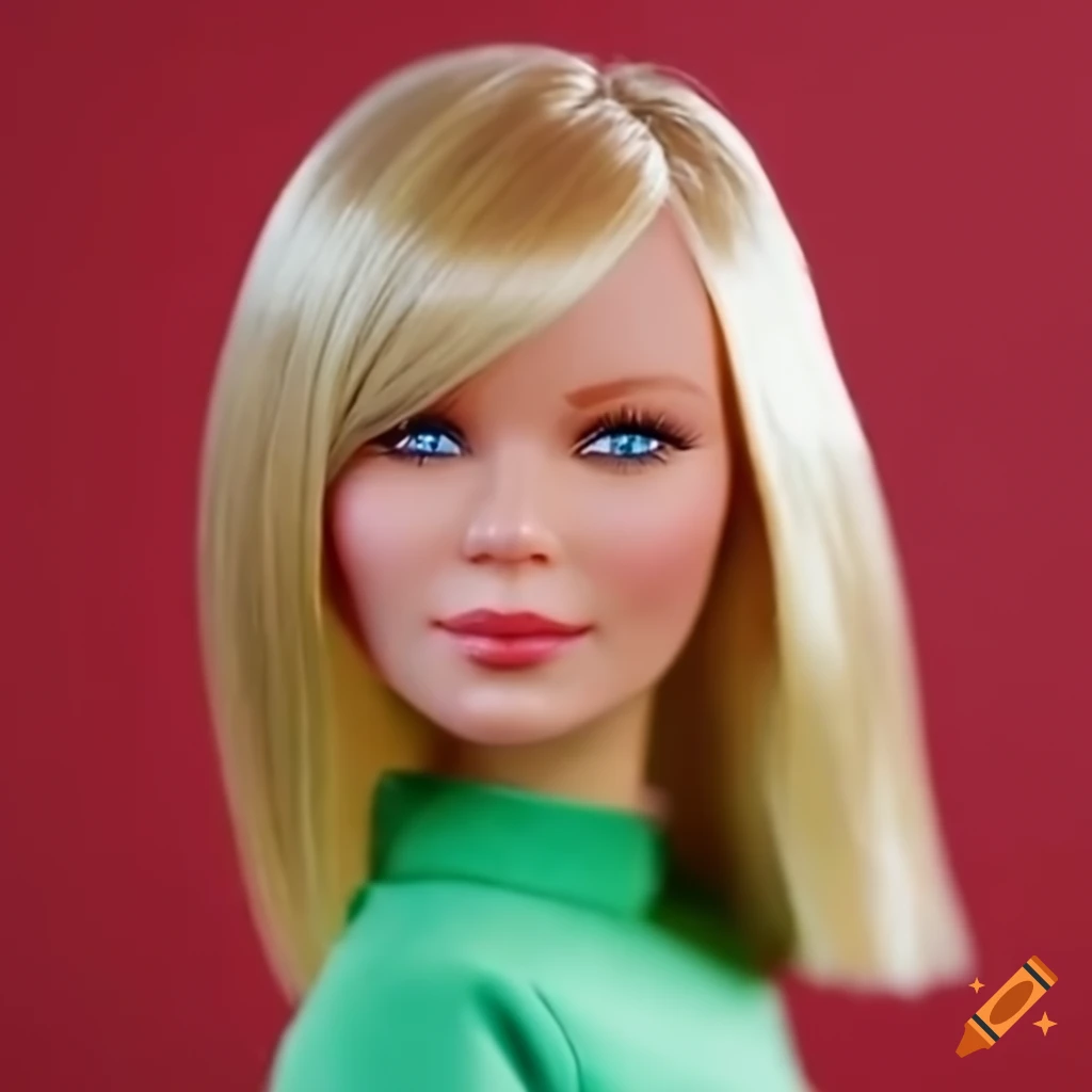Kirsten Dunst as Barbie with a straight bob haircut in green t-shirt