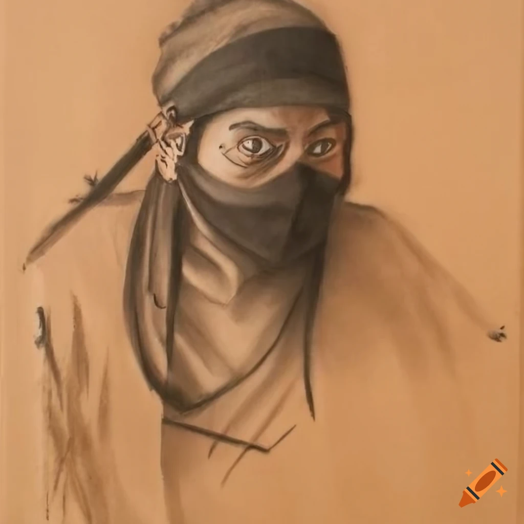 Ninja fight in traditional Japanese charcoal drawing