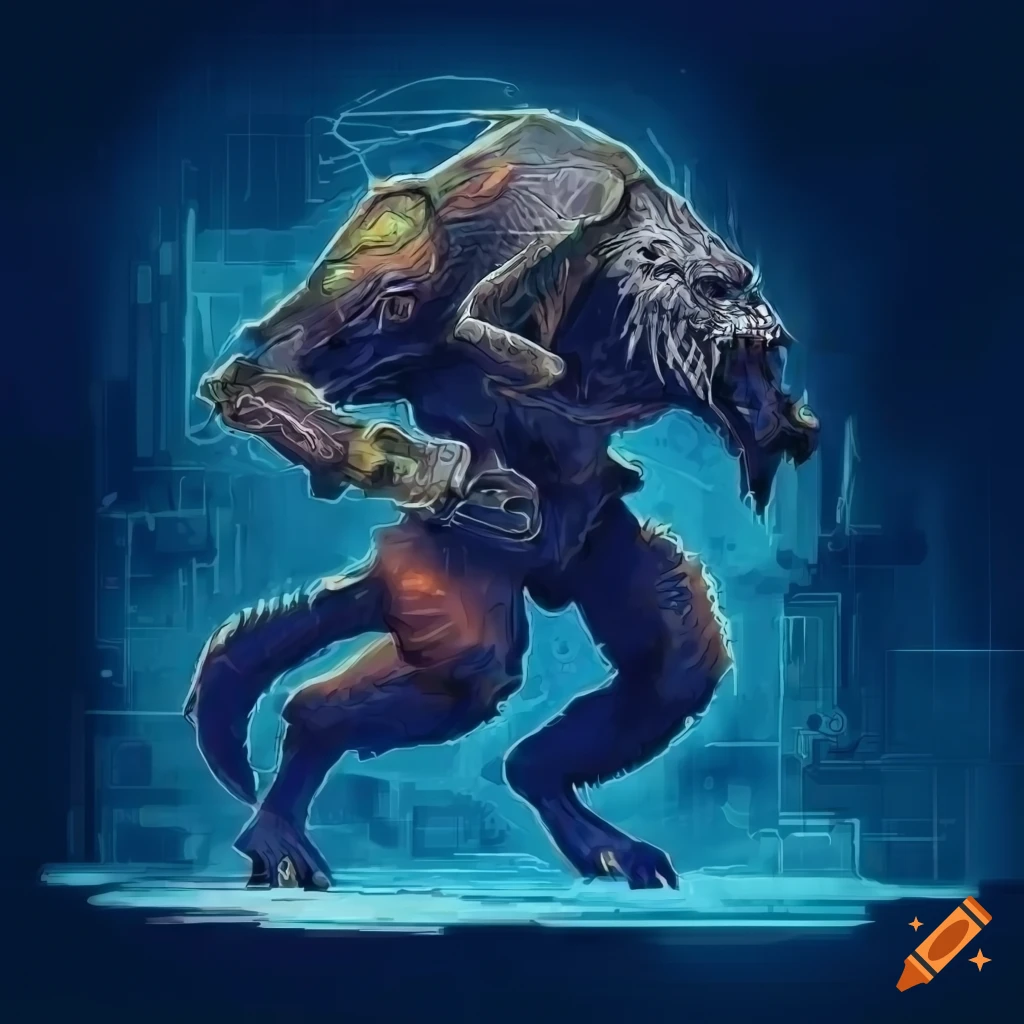 Mechanoid werewolf with sword engineering blueprint in a scifi setting