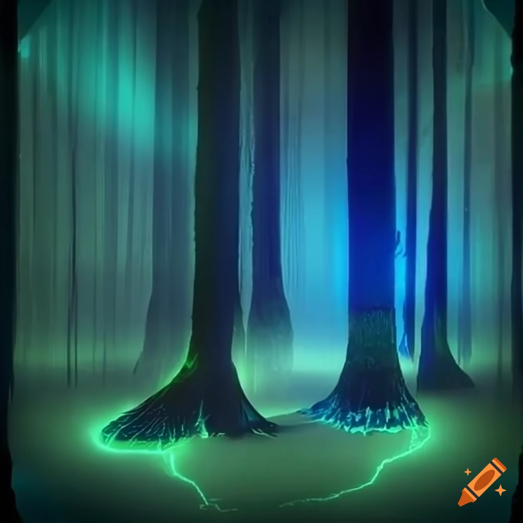 Biopunk paradise with glowing bioluminescent trees in a surreal forest