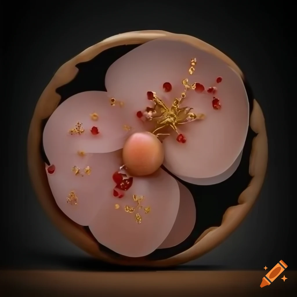 Apricot blossom with glistening glass on black background in woodblock sculpture fusion