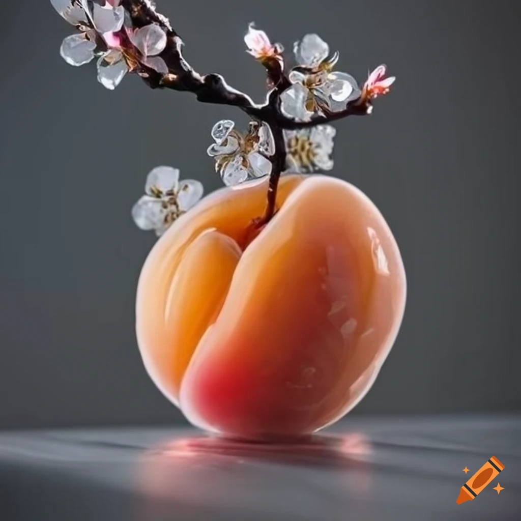Apricot with blossoms and glistening glass stave carving on black background