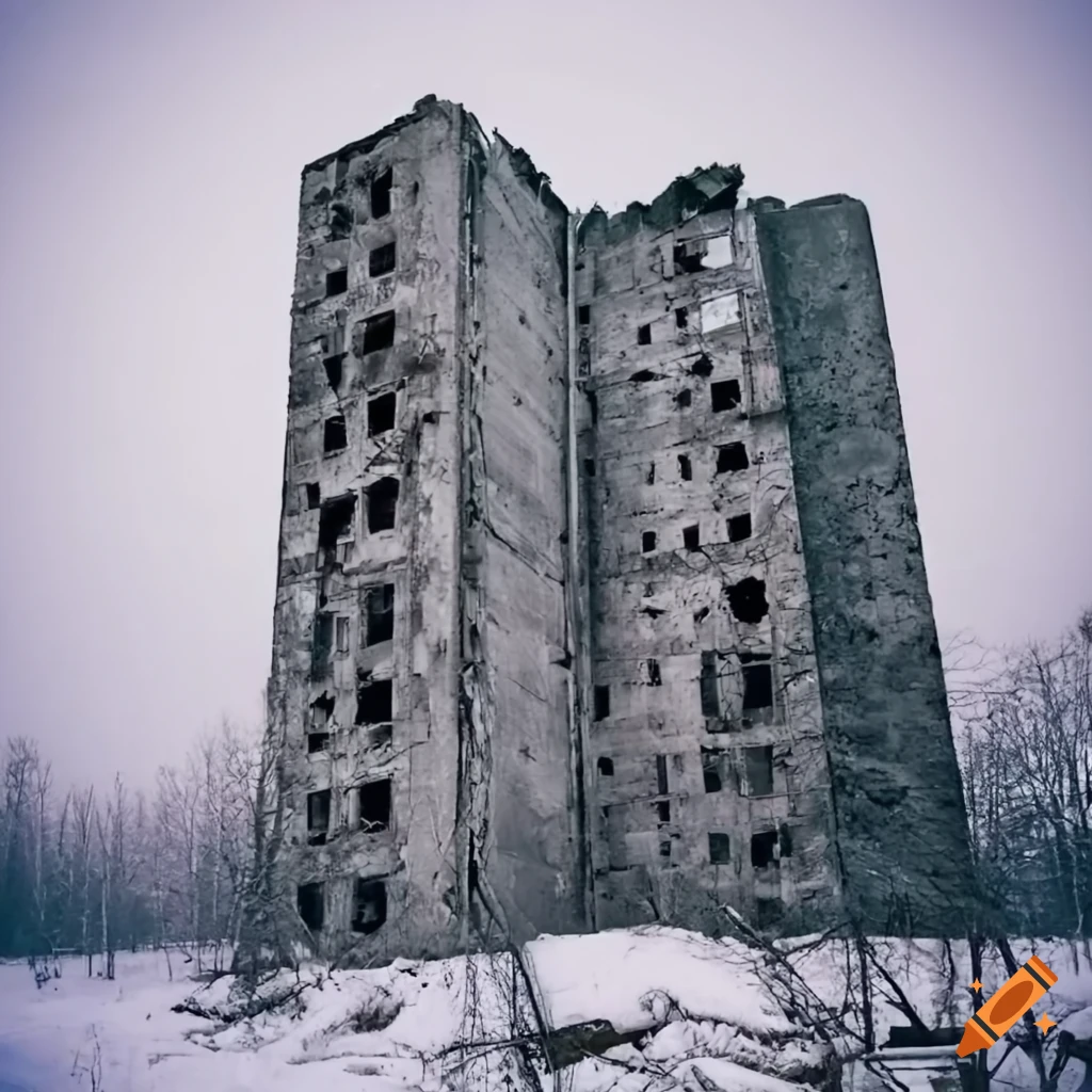 Partially damaged five-story concrete building in a winter forest on ...