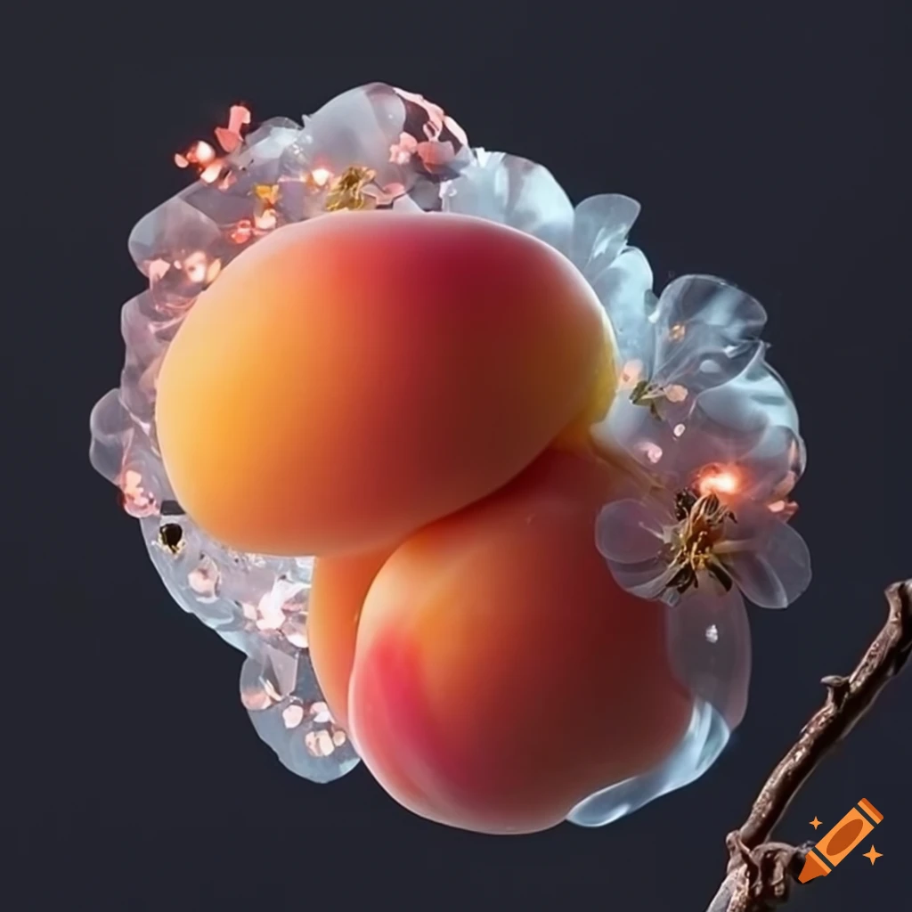 Apricot tree blossoms with sparkling glass stave carving on black background