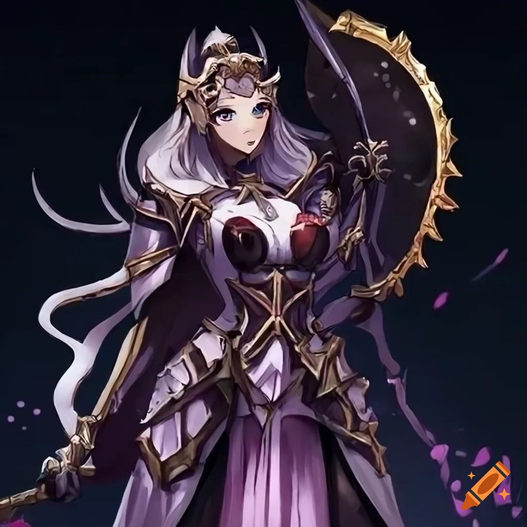 Anime-style soldier priest imperatrice queen in a war setting