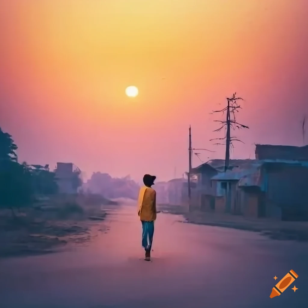 Indian Village man walking on road during sunset